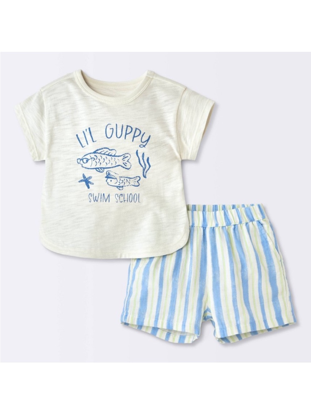 Lil' Guppy Swim School Tee & Striped Shorts Set - Cream & Blue